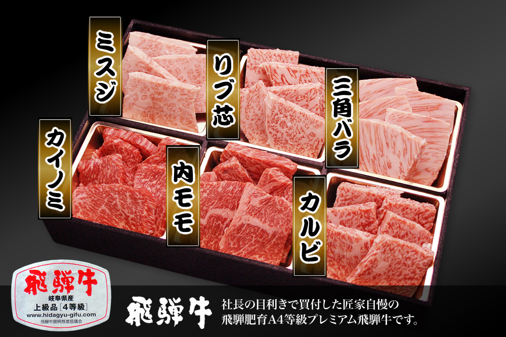 飛騨牛4等級 食べ比べ6種盛≪焼肉用≫600g入