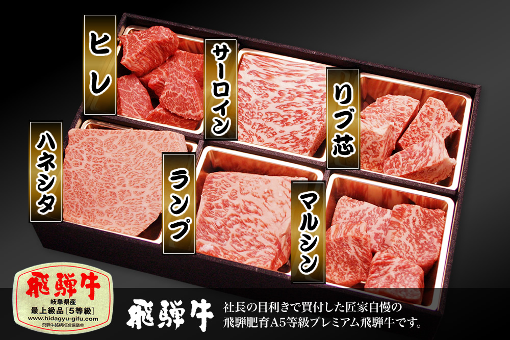 飛騨牛5等級 ミニステーキ6種食べ比べ600g入